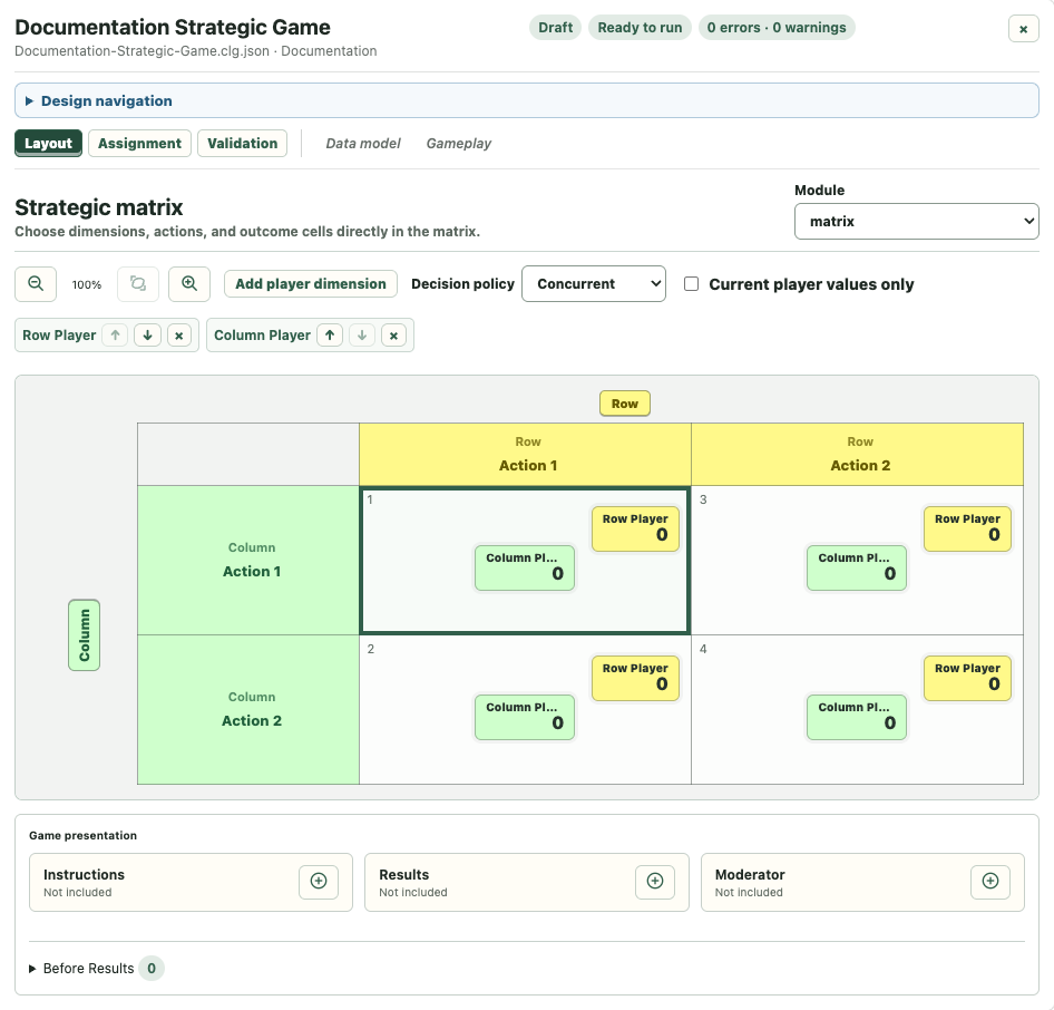 Strategic payoff matrix editor