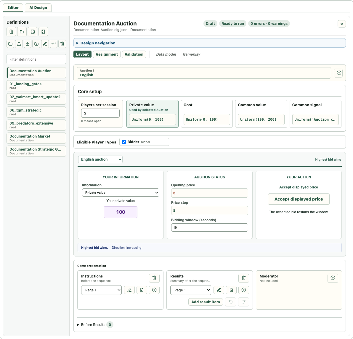 Design workspace with a selected definition