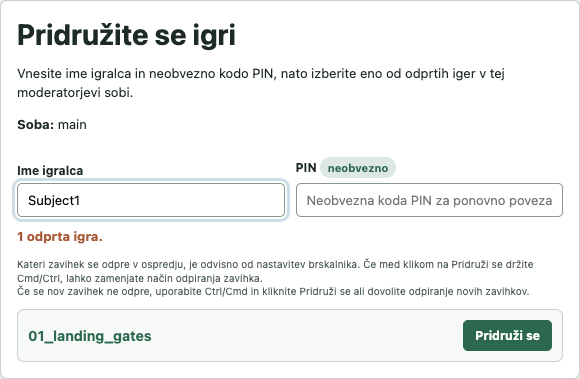 Vnos podatkov igralca v sobo
